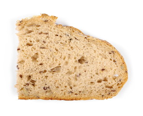 Whole wheat bread slice without additives, isolated on white background, top view