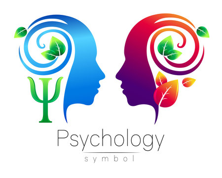 Modern head Logo sign of Psychology. Profile Human. Green Leaves. Letter Psi . Symbol in vector. Design concept. Brand company. Blue color isolated on white background. Icon for web, logotype.