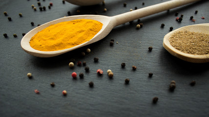 spices curry in wooden spoons over black stone background, top view with copy space