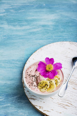 strawberry-banana smoothies in a glass, healthy dessert, summer,selective focus