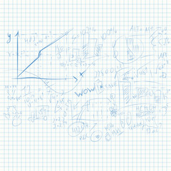 a vector of labels to school with a pen on notebook sheet in a cage. notes by hand formulas, graphs, and charts