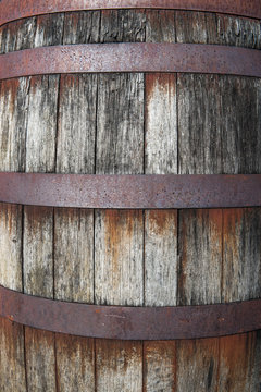 Close-up detail on old rusty wooden keg barrel container