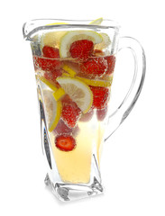 Glass jug with tasty strawberry lemonade on white background