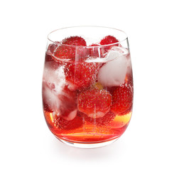 Glass of tasty strawberry lemonade on white background