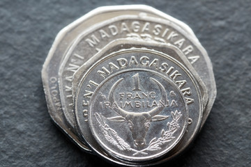 Close up picture of Malagasy ariary coins.