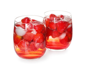 Two glasses of tasty strawberry lemonade on white background