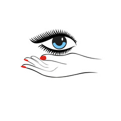 Female hand hold eye. Fashion concept. Eye protection or eye doctor concept. Vector Illustration