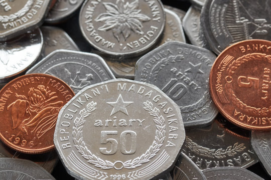 Close up picture of Malagasy ariary coins, shallow depth of field.
