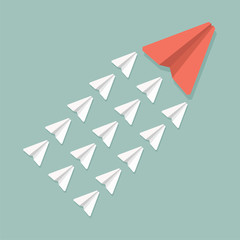Red and white paper planes. Teamwork, leadership, success, motivation and business concept. Vector illustration.