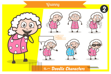 Cartoon Grandmother Character Different Poses and Face Expressions Vector Set