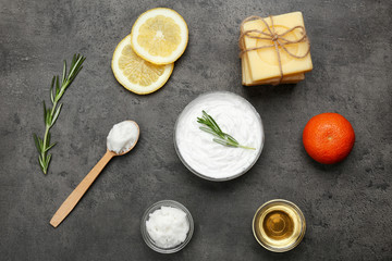 Beautiful composition with shea butter in jar on table