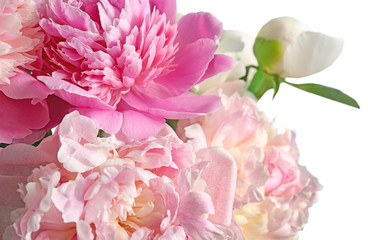 Bouquet of beautiful peony flowers on light background, closeup