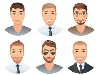 Different hairstyles for men. Collection of male images with beards mustache, glasses, isolated, vector illustration