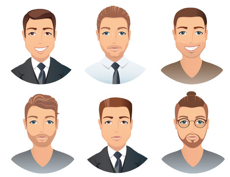 Different hairstyles for men. Collection of male images with beards mustache, glasses, isolated, vector illustration