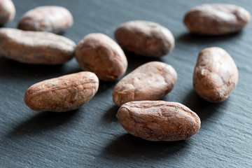 Obraz premium Raw cacao nibs on a dark background