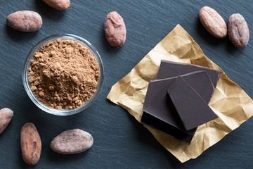 Raw unroasted cocoa powder, raw cacao nibs and chocolate