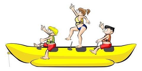Fototapeta premium Banana boat group of friends having fun on summer vacation - isolated on white