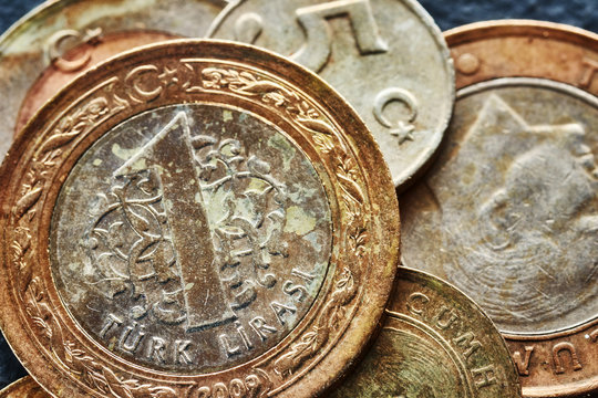 Close up picture of old Turkish lira coins, shallow depth of field.