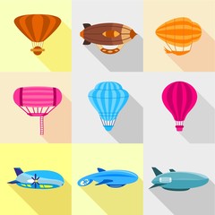 Different airships icons set, flat style