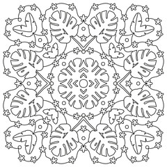 Tropical Mandala. Round Element For Coloring Book. Black Lines on White Background. Abstract Geometric Ornament. Vector.