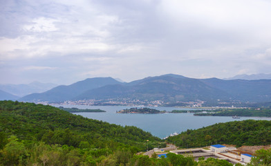 Obraz premium panoramic view of kotor bay montenegro. adriatic fjord in cloudy weather