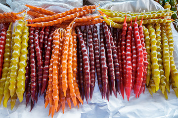 Churchkhela at the street market. Churchkhela georgian national food. Georgian sweets