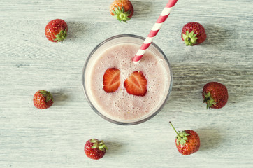 Milkshake with strawberries. Strawberry smoothies. Top view