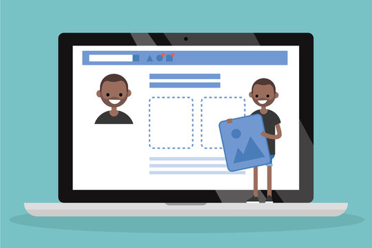 Edit your profile. Conceptual illustration. Young black character uploading a photo on his social media profile / flat vector illustration, clip art