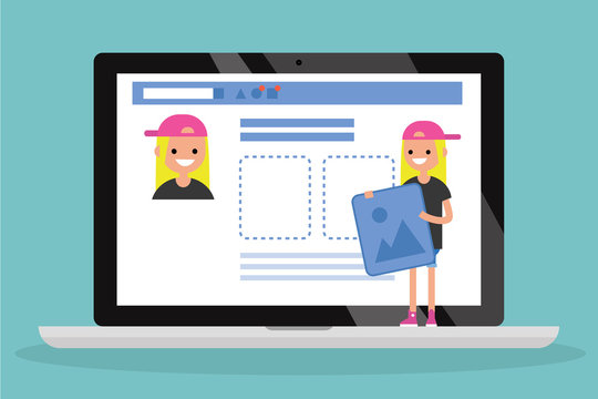Edit your profile. Conceptual illustration. Young female character uploading a photo on her social media profile / flat vector illustration, clip art
