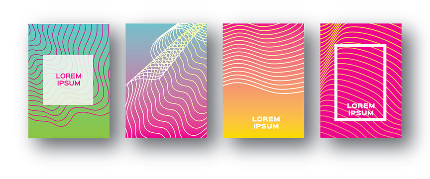 Set of 4 Trendy Colorful Gradient Future Geometric Shapes Covers template. Minimal design geometry halftone design for banners, flyers, invitation, posters, brochure, voucher discount. Vector
