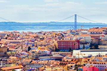 Beautiful landscape of Lisbon. Aerial panorama over city with di