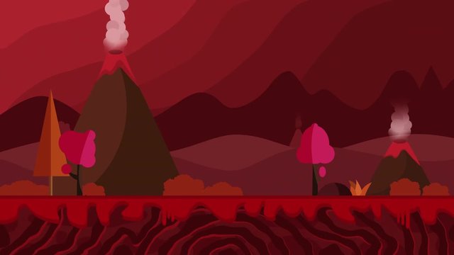 Cartoon Volcano erupting Animation Loop. volcano landscape background. Dinosaurs and stone age background. ecology and global warming concept. game background animation. Mars backdrop