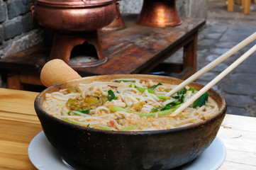 Traditional straight meal of Chinese the heat soup with the noodle.