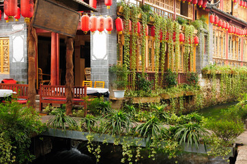 Lijiang old city, Wooden architecture detail, China. Yunnan province. Lijiang is famous for its...