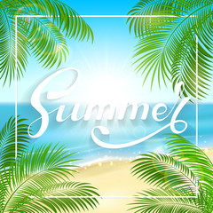 Fototapeta na wymiar Palm leaves and lettering Summer on the beach background
