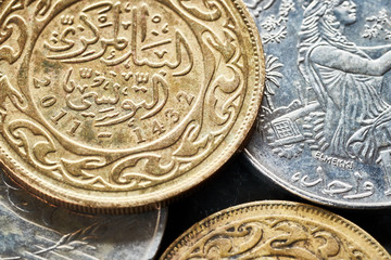 Close up picture of Tunisian dinars, shallow depth of field.