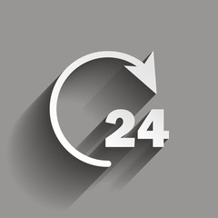 Vector 24 hours icon. Vector circle with an arrow showing non-stop work for 24 hours. Open around the clock hours a day icon. Vector icon with shadow design.