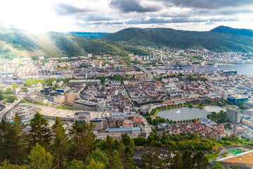 City of Bergen from Mt. Floyen, Norway in sunlights