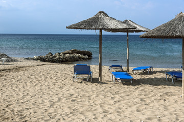 Panoramic view of Blue Dolphin Beach at Sithonia peninsula, Chalkidiki, Central Macedonia, Greece