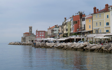 Colourful buildings along the waterfront in Piran, Slovenia