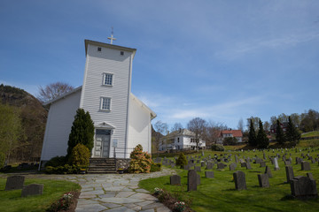 White painted wooden church in Hjelmeland, Norway