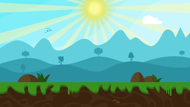 Cartoon Nature landscape Animation Loop. Colorful cartoon hills game background landscape with cracked ground and grass. green nature rural background with pasture, meadows