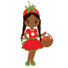 Vector Cute Little African American Girl with Basket of Strawberries