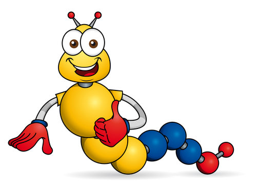 Cartoon character. Caricature of worm with hands formed by spheres with the colors of the flag of Colombia or Ecuador. Vector image