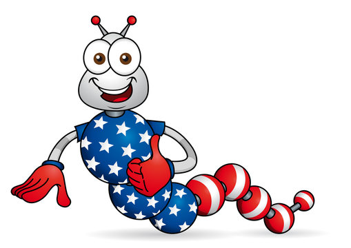 Cartoon character. Caricature of worm with hands formed by spheres with the colors of the flag of USA. Vector image
