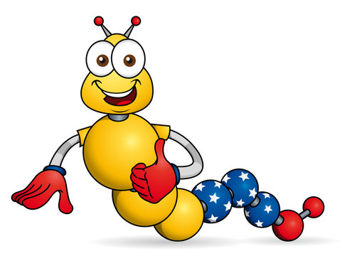 Cartoon character. Caricature of worm with hands formed by spheres with the colors of the flag of Venezuela. Vector image