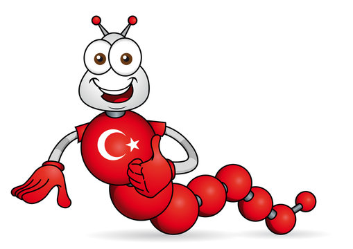 Cartoon character. Caricature of worm with hands formed by spheres with the colors of the flag of Turkey. Vector image