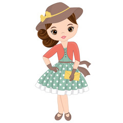 Vector Cute Little Girl in Retro Style