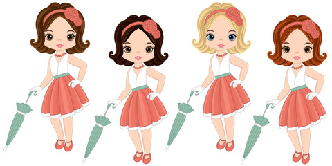 Vector Cute Little Girls with Various Hair Colors in Retro Style