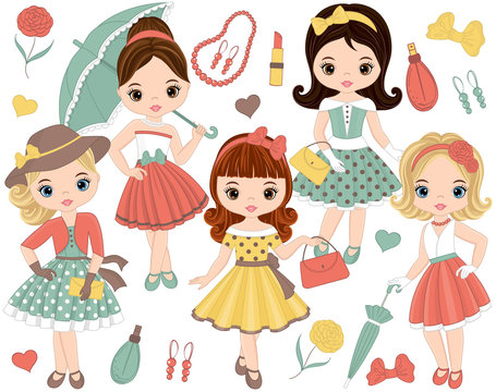 Vector Set with Cute Little Girls in Retro Style and Fashion Accessories